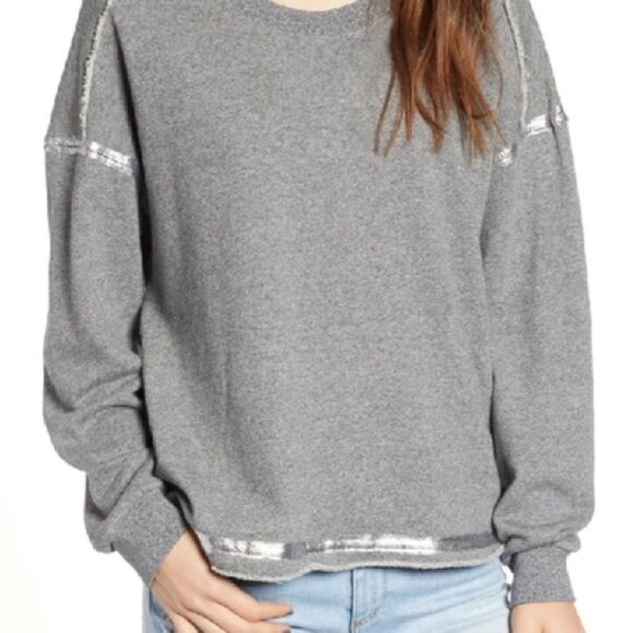 Splendid Heather Grey Foil Trim Terry Sweatshirt sz L Rolled Hem Long Sleeve - Picture 1 of 7